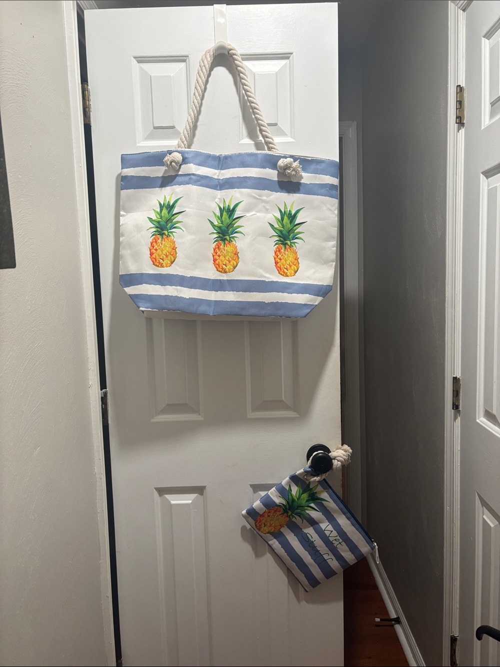 Blue and White Pineapple Stripe Tote Bag